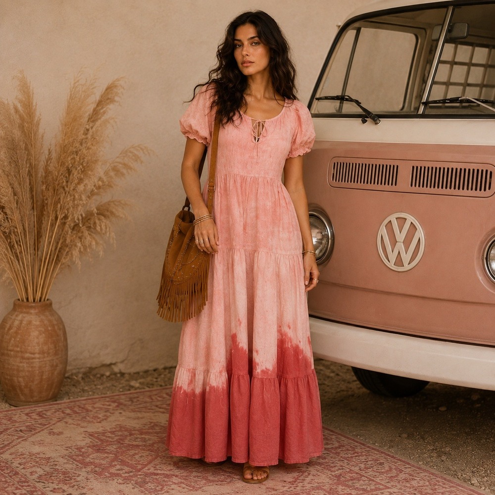 Ewamay Hand Dyed Pink Tie Dye Boho Peasant Wendy Dress Small